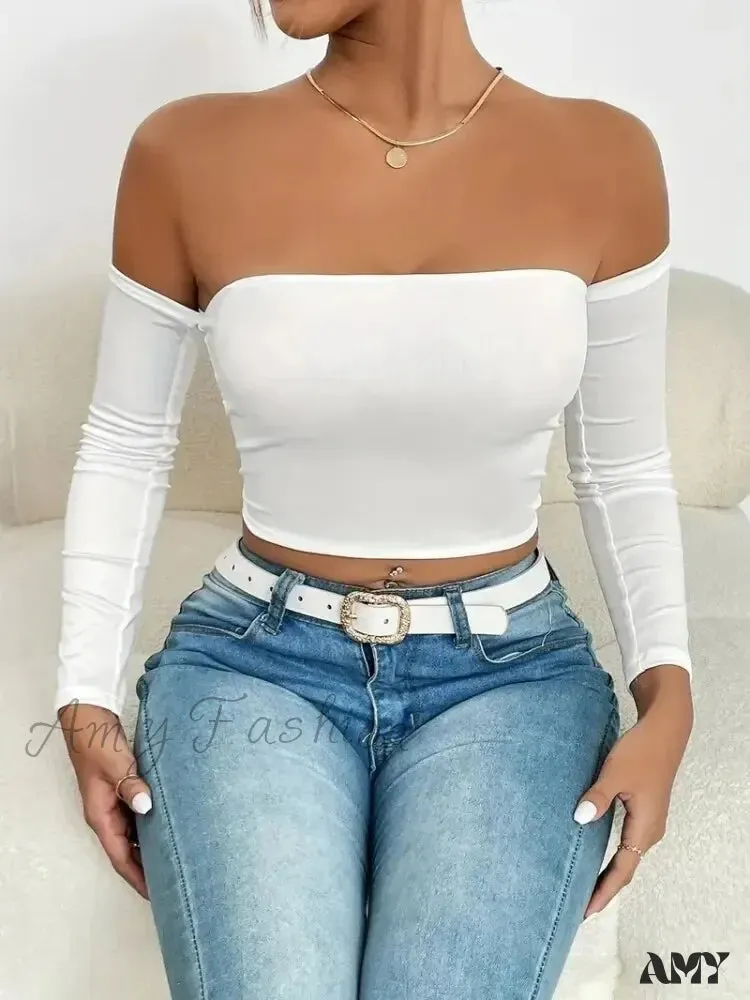 Off Shoulder Long Sleeve Casual Spring Fall Women's Crop Top