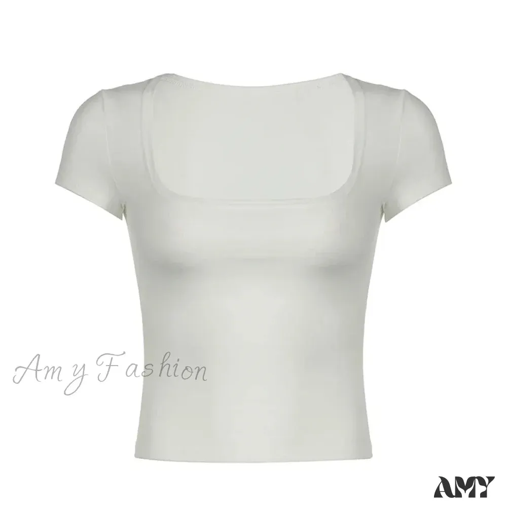 Solid Slim Fitting Square Collar White Short Sleeve Skinny Basic Summer Crop Top