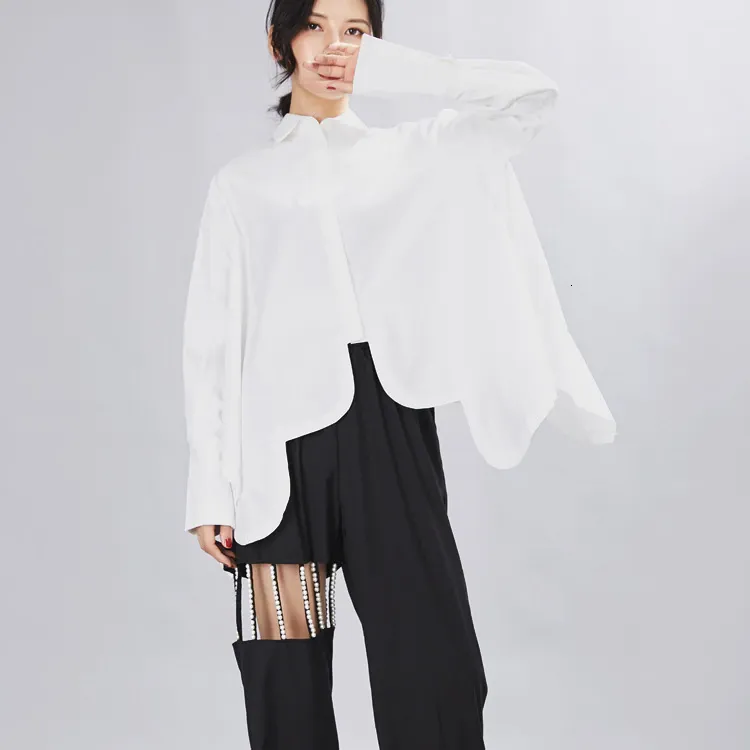 Sonoya Irregular Tulip Hem Oversized Shirt  in White Cotton | Marigold Shadows