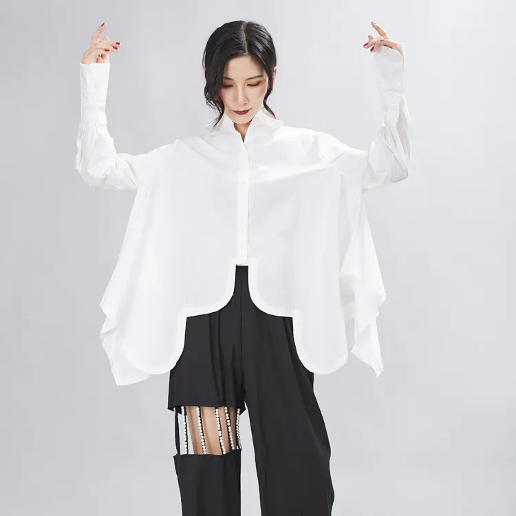 Sonoya Irregular Tulip Hem Oversized Shirt  in White Cotton | Marigold Shadows