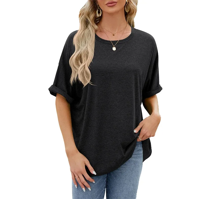 Summer Women's Oversized Pullover O-Neck Short Sleeve Solid Color Blouse