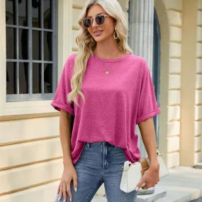 Summer Women's Oversized Pullover O-Neck Short Sleeve Solid Color Blouse