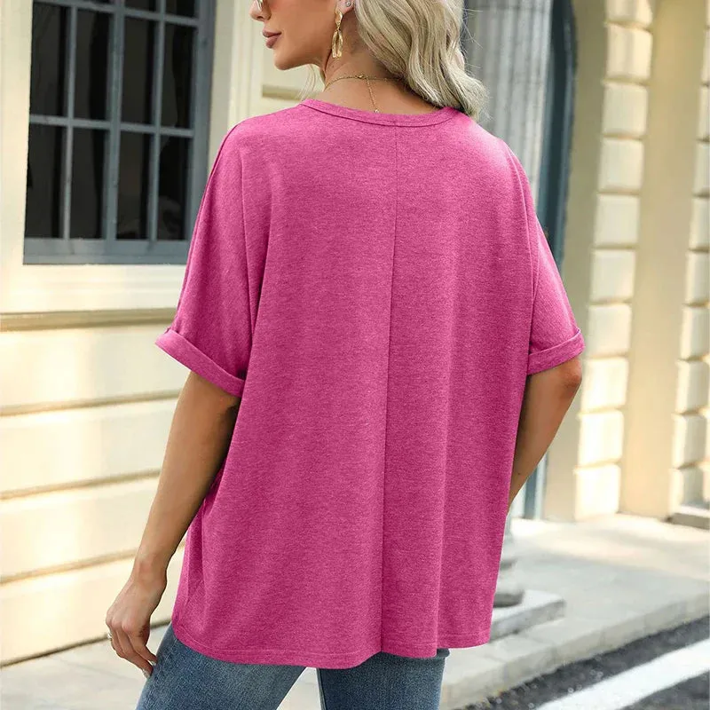 Summer Women's Oversized Pullover O-Neck Short Sleeve Solid Color Blouse