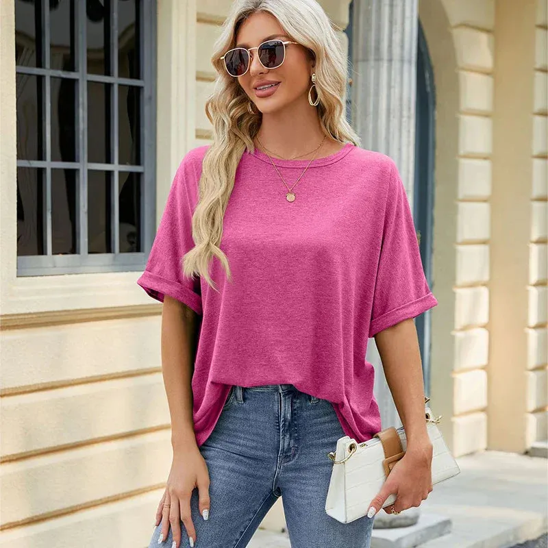 Summer Women's Oversized Pullover O-Neck Short Sleeve Solid Color Blouse