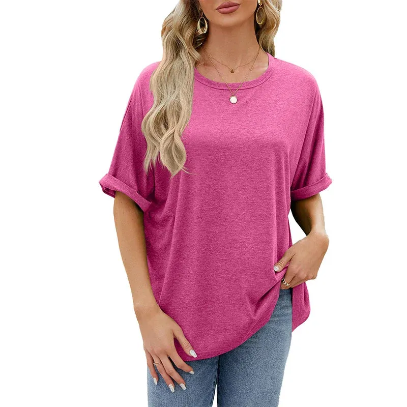 Summer Women's Oversized Pullover O-Neck Short Sleeve Solid Color Blouse