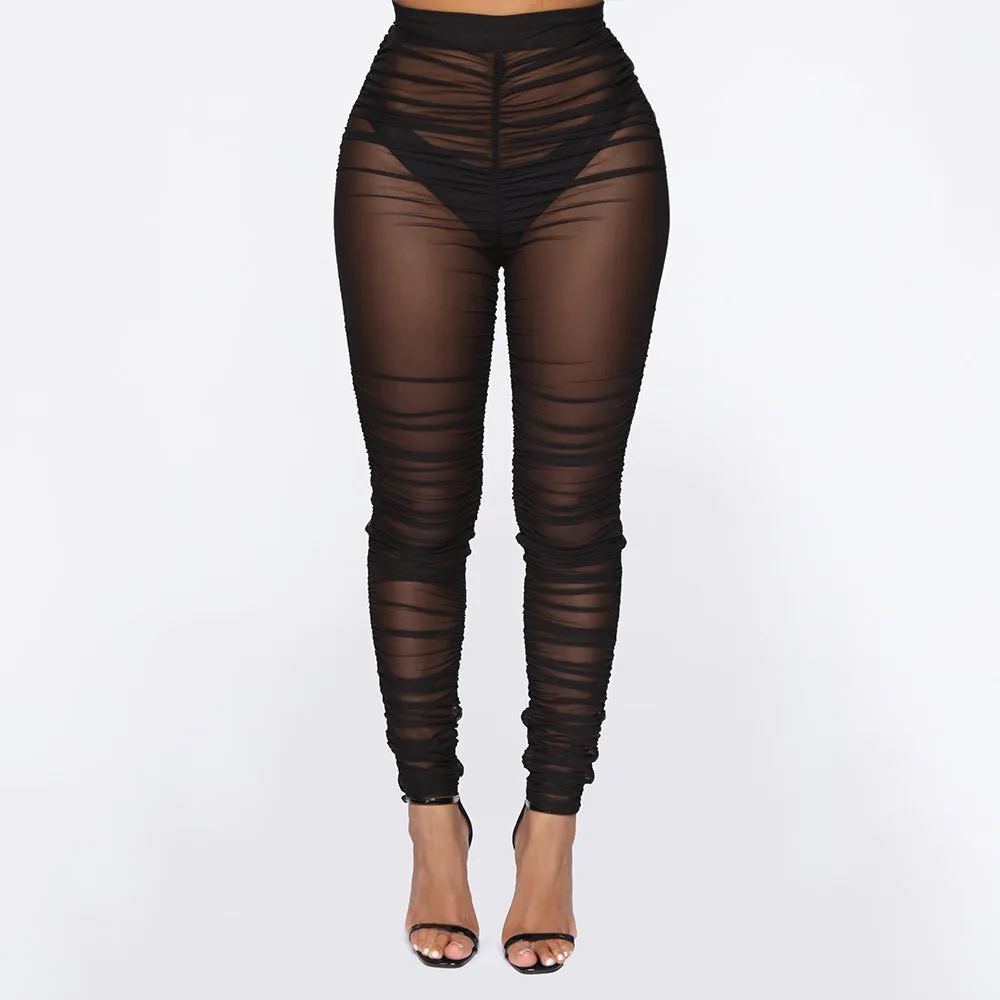 Tight Pleated Mesh See-Through Leggings