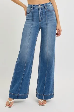 Tummy Control High Rise Wide Leg Pintuck Jeans by Risen