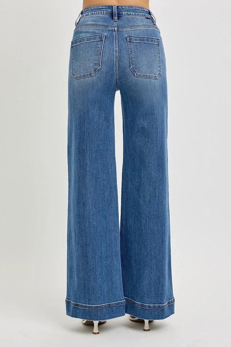 Tummy Control High Rise Wide Leg Pintuck Jeans by Risen