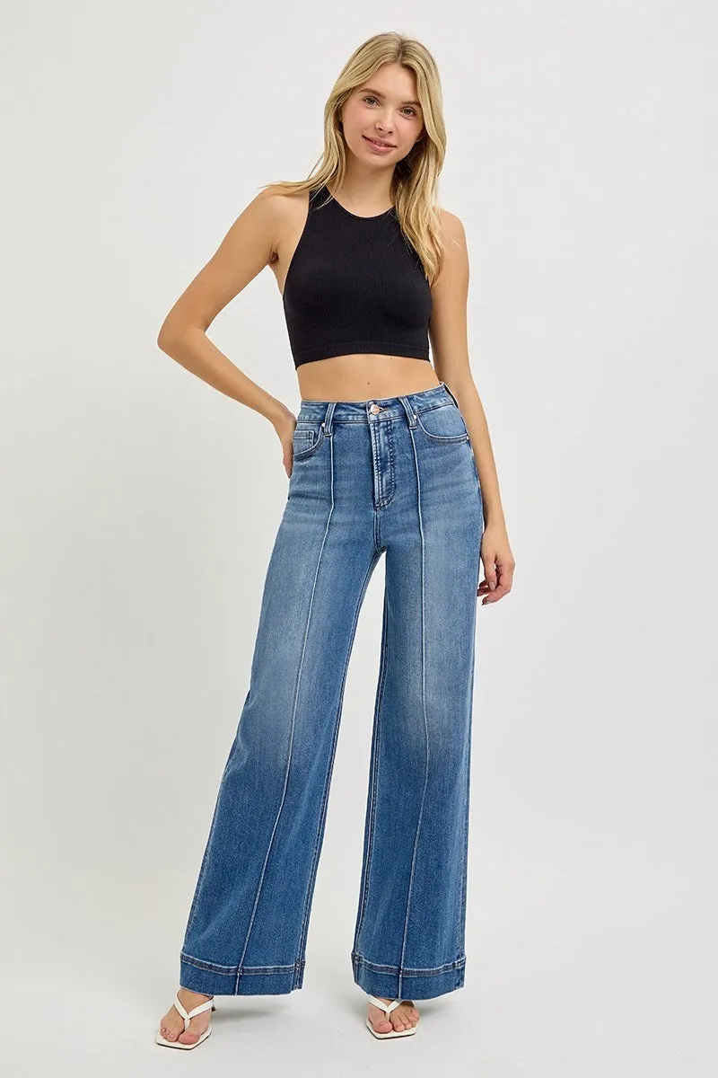 Tummy Control High Rise Wide Leg Pintuck Jeans by Risen