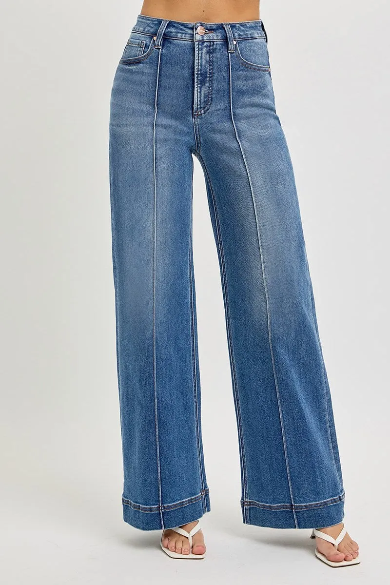 Tummy Control High Rise Wide Leg Pintuck Jeans by Risen