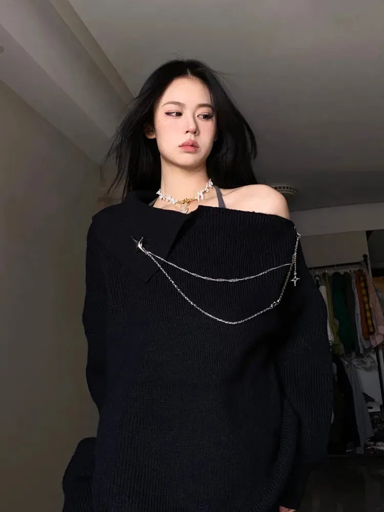 Vevesc Autumn Winter New White Sweaters Mujer Off Shoulder Long Sleeve Knitted Pullovers Y2k Mid-length Loose Zipper Tops Women