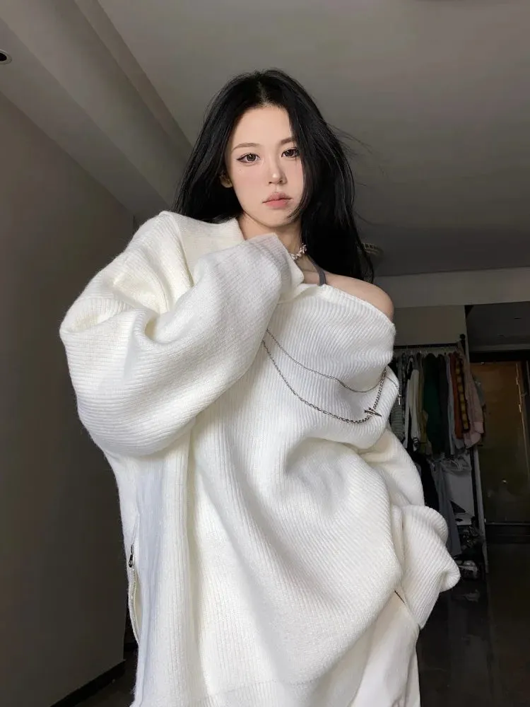 Vevesc Autumn Winter New White Sweaters Mujer Off Shoulder Long Sleeve Knitted Pullovers Y2k Mid-length Loose Zipper Tops Women