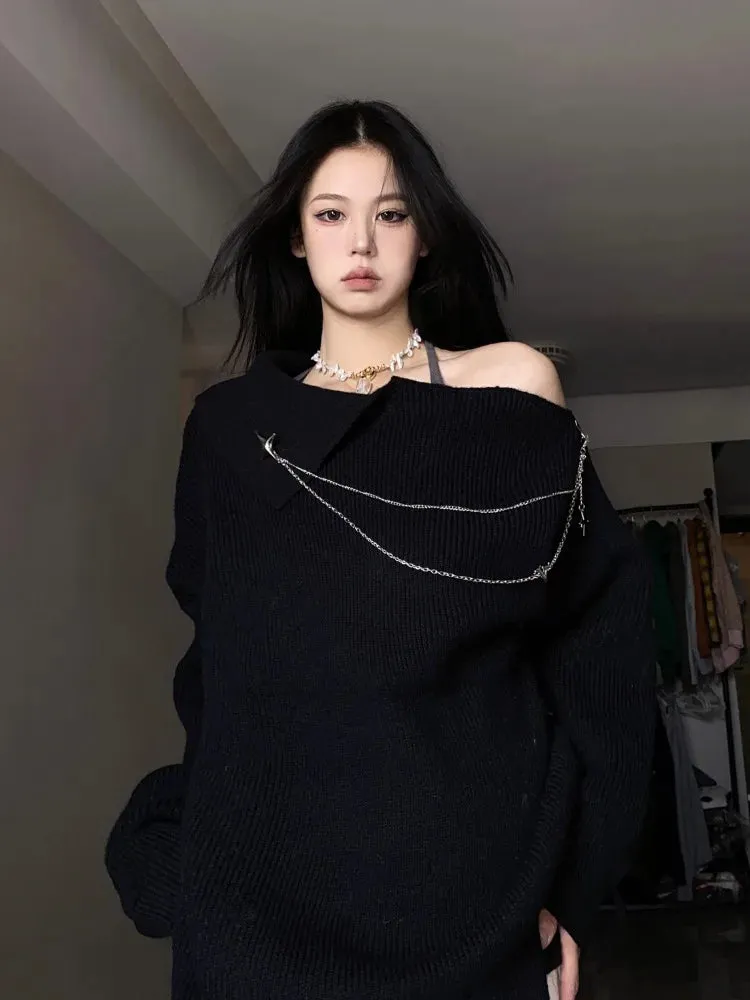 Vevesc Autumn Winter New White Sweaters Mujer Off Shoulder Long Sleeve Knitted Pullovers Y2k Mid-length Loose Zipper Tops Women