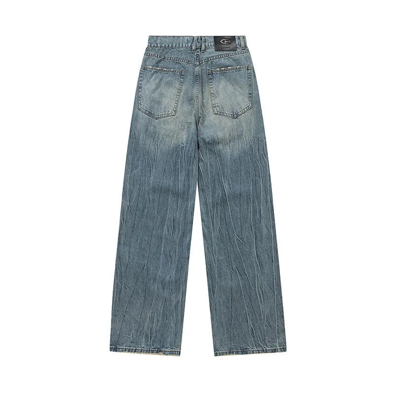 Washed And Worn Worn Denim Trousers Men's Pleated