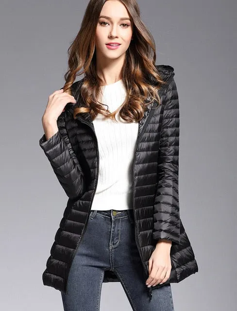 Woman Spring Padded Hooded Long Jacket White Duck Down Female Overcoat Ultra Light Slim Solid Jackets Coat Portable Parkas