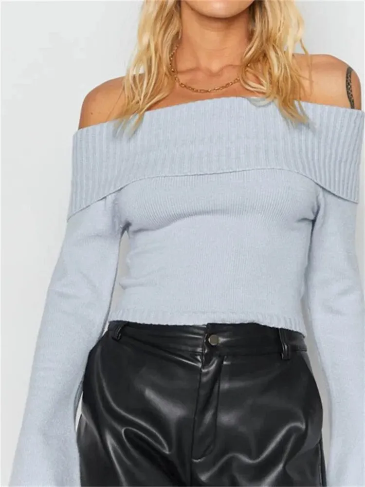 Women Slash Neck Knitted Sweaters Tops Streetwear Long Sleeve Off Shoulder Ribbed Pullovers Slim Fit Causal Jumpers