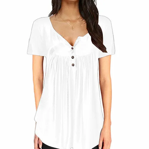 Womens Casual short Sleeve Tunic Neck Button Side Blouses Tops