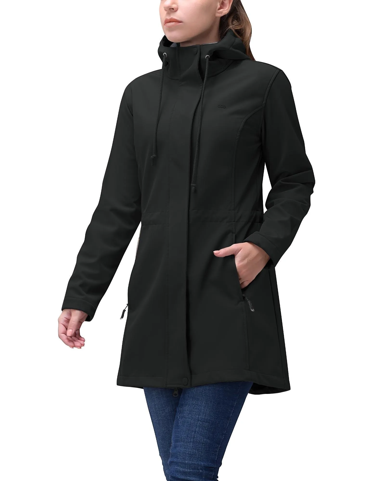 Women's Softshell Long Jacket with Hood Fleece Lined: 8000mm W/P index 1000 Level Breathable