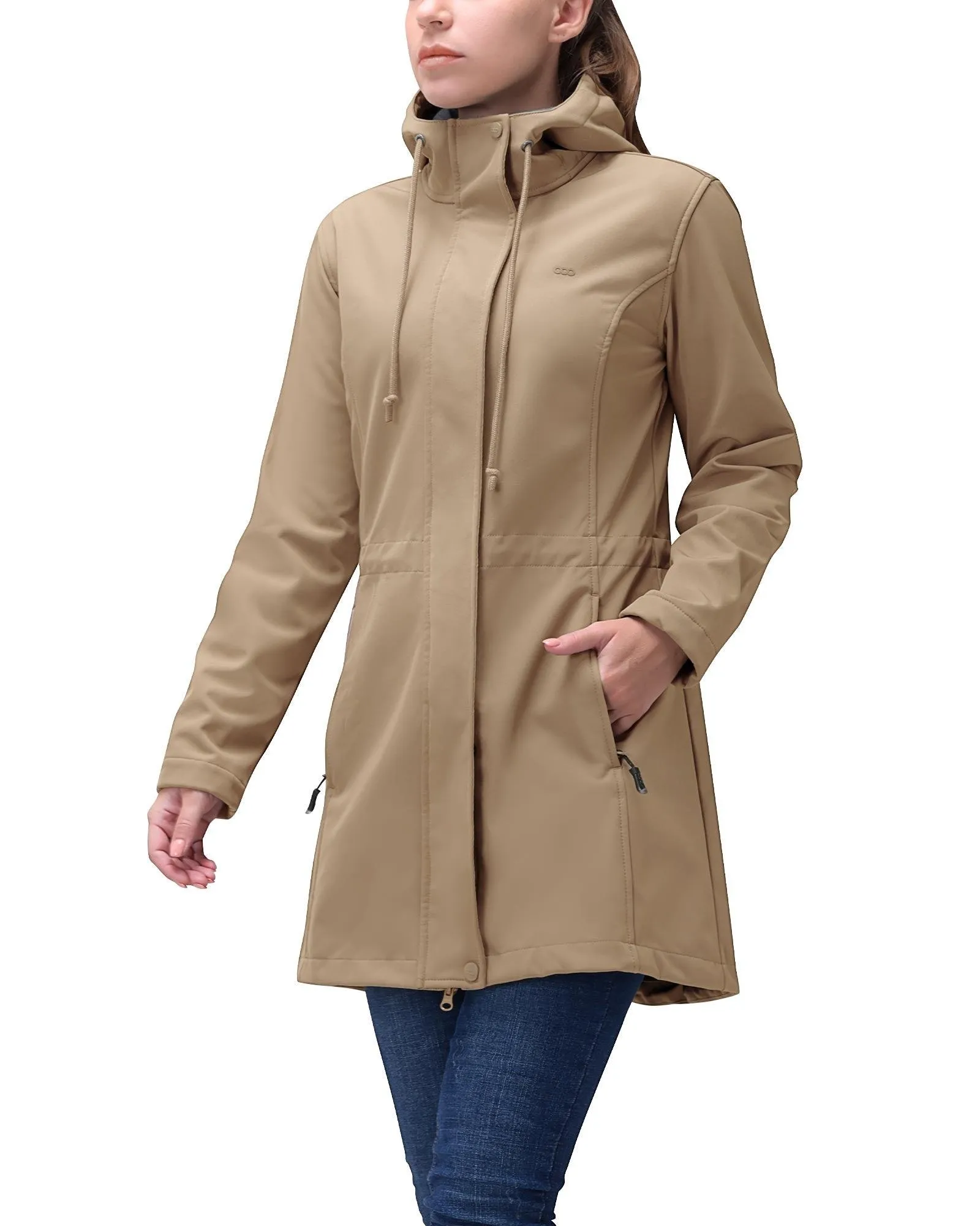 Women's Softshell Long Jacket with Hood Fleece Lined: 8000mm W/P index 1000 Level Breathable